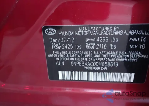 2013 Hyundai Sonata Gls from USA, damaged, VIN 5NPEB4AC0DH658619